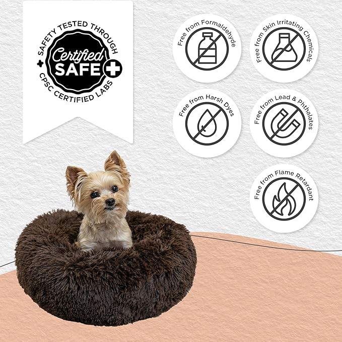 Best Friends by Sheri Original Calming Donut Dog and Cat Bed, Shag Faux Fur, Dark Brown, XS (18in x 18in) - Anxiety Relief for Pets Up to 10 lbs