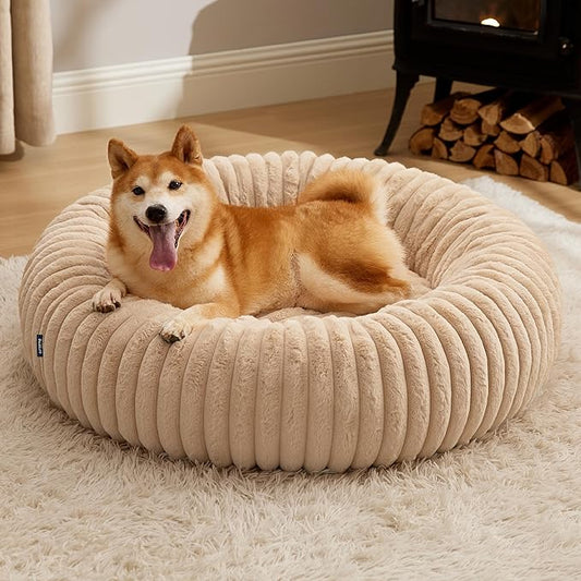 Bedsure Donut Large Dog Bed - Washable Faux Fur with Corduroy Fleece & Anti Slip Bottom, Round Pet Bed with Removable Cover, Sandy Beige, 36x36x8 inches