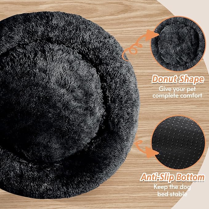JOLLYVOGUE Small Dog & Cat Beds for Indoor Cats, Donut Cuddler Warming Soft Dog Beds with Anti-Slip Bottom, Round Calming Fluffy Plush Faux Fur Cushion Bed for Medium Dogs (31", Black)