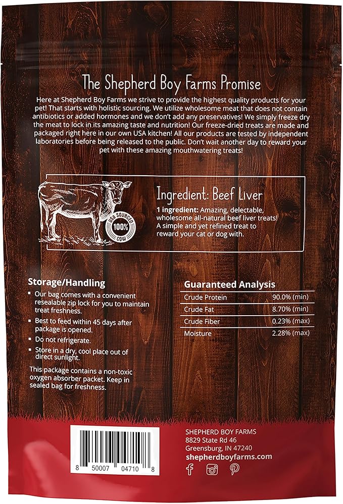 Shepherd Boy Farms Freeze Dried Dog and Cat Treats, Beef Liver, All Natural Single Ingredient Freeze-Dried Dog Treat & Snacks, Made in USA, High Protein, Essential Nutrition of Raw Food, 8oz