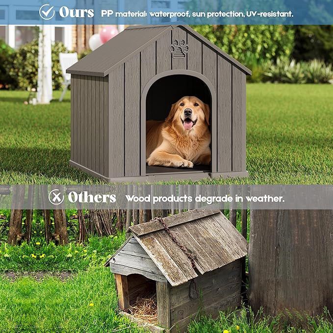 Large Dog House Outdoor Indoor for Medium Large Dogs, Durable Plastic Waterproof Doghouse with Air Vents and Elevated Floor, Easy Clean and Assemble (Grey, 36.2''L×38''W×38''H)