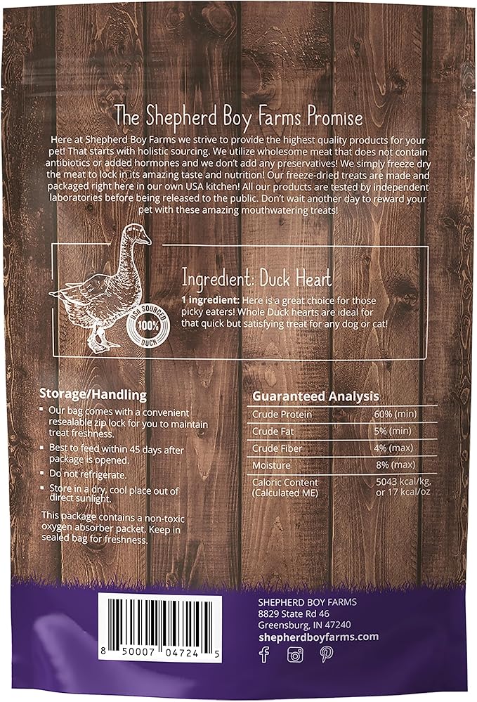 Shepherd Boy Farms Freeze Dried Dog and Cat Treats, Duck Heart, All Natural Single Ingredient Freeze-Dried Dog Treat & Snacks, Made in USA, High Protein, Essential Nutrition of Raw Food, 8oz