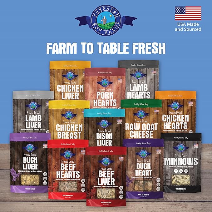 Shepherd Boy Farms Freeze Dried Dog and Cat Treats, Duck Heart, All Natural Single Ingredient Freeze-Dried Dog Treat & Snacks, Made in USA, High Protein, Essential Nutrition of Raw Food, 8oz